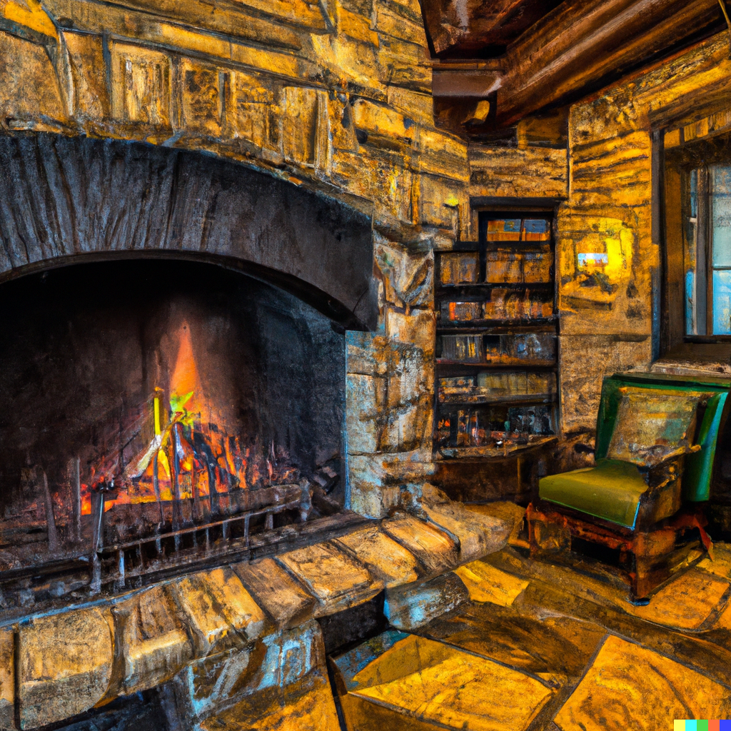 DALL·E 2022 12 14 12.11.18 The fireplace is made of solid stone with a sturdy mantle of dark wood intricately carved with images of dragons and knights. The hearth is large en Unlock Your Adventure: Free Tavern Description and NPCs with Backstories