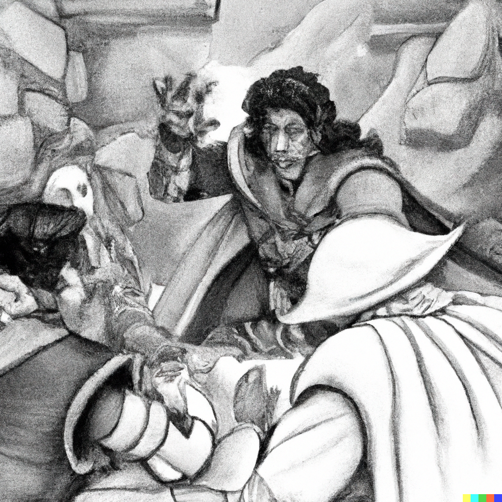 DALL·E 2022 12 14 12.24.18 paint 3 guards breaking up a fight in a DD tavern in the style of Larry Elmore Unlock Your Adventure: Free Tavern Description and NPCs with Backstories